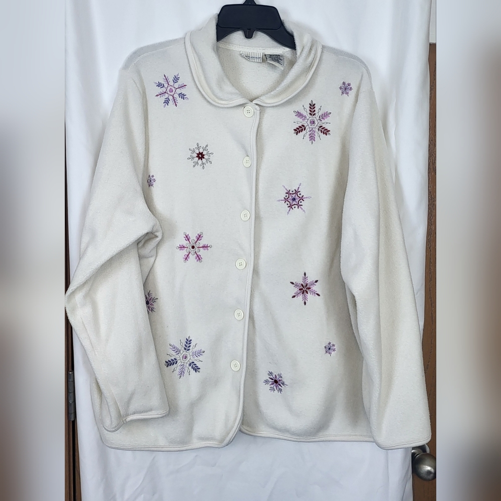 White Stag‎ Womens White Embroidered Button Fleece Collared Sweater Size 18/20W